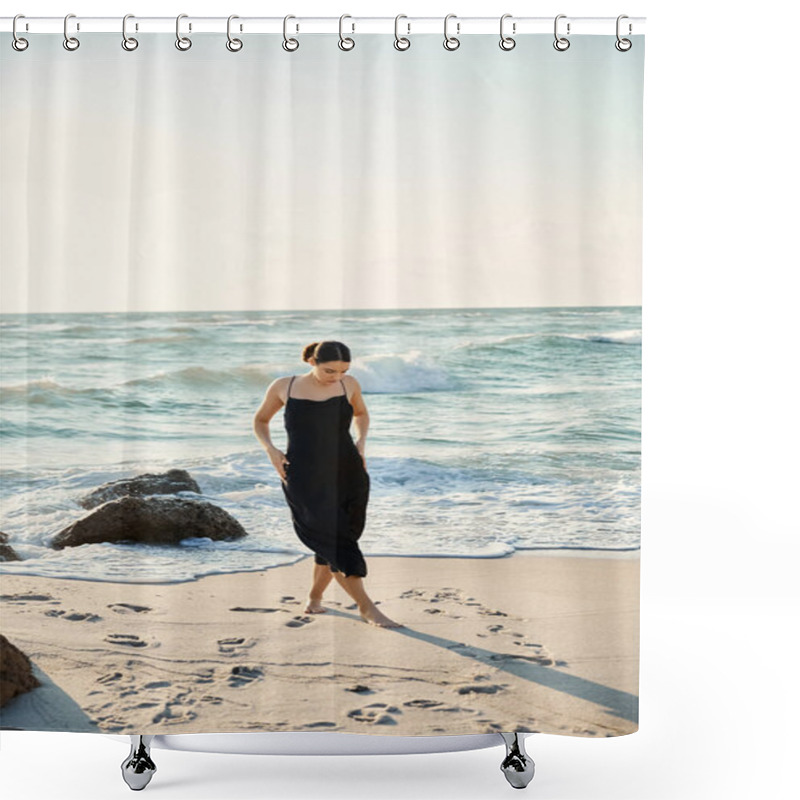 Personality  A Woman In A Black Sundress Walks Along The Shore Of Miami Beach, Leaving Footprints In The Sand. Shower Curtains