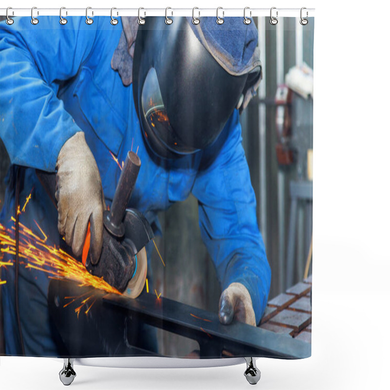 Personality  Worker In Protective Gear Grinds Metal, Creating Sparks In An Industrial Setting At Metal Fabrication Shower Curtains