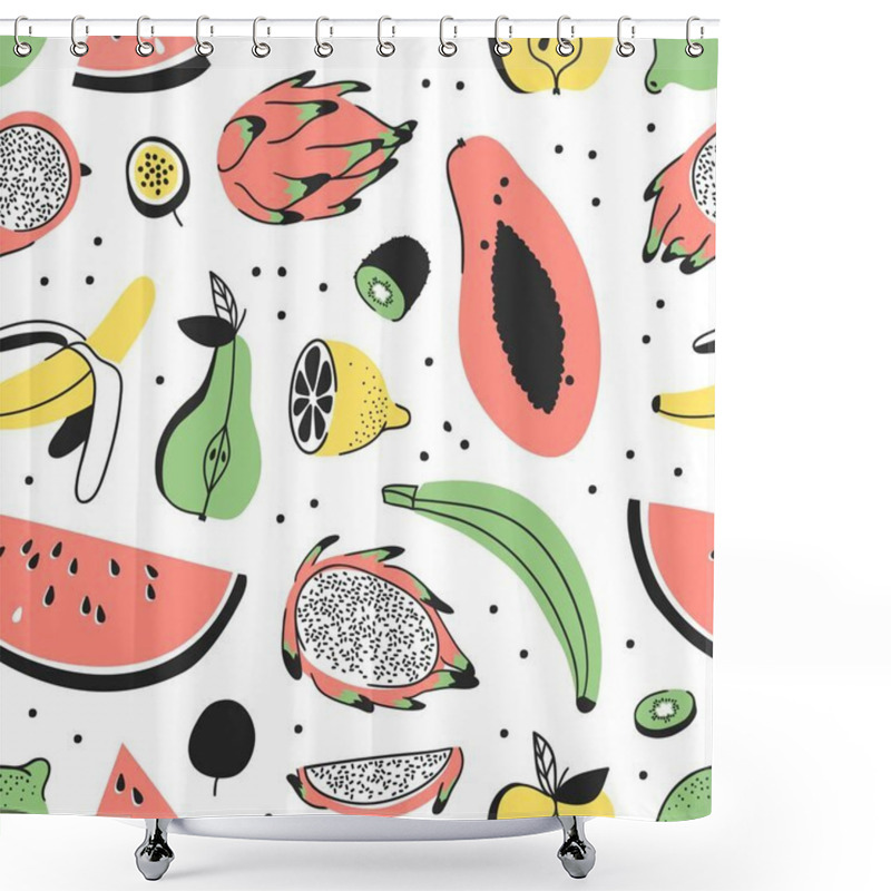 Personality  Hand Drawn Set Of Tropical Fruits. Vector Artistic Seamless Pattern With Food. Summer Illustration Watermelon, Banana, Papaya, Pitaya, Pear, Apple, Lemon, Passion Fruit And Kiwi Shower Curtains