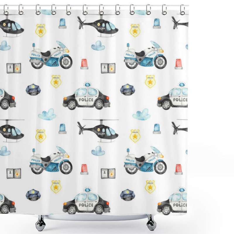 Personality  Police Helicopter, Car, Motorcycle And Flashing Lights On A White Background. Watercolor Seamless Pattern Shower Curtains