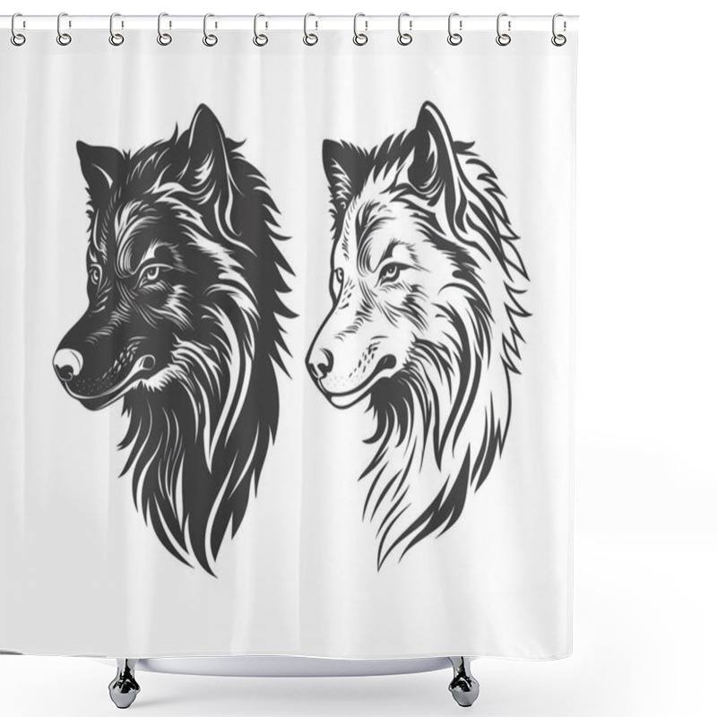 Personality  Stylized Illustrations Of Wolf Heads Featuring Intricate Line Work And Contrasting Colors. Shower Curtains