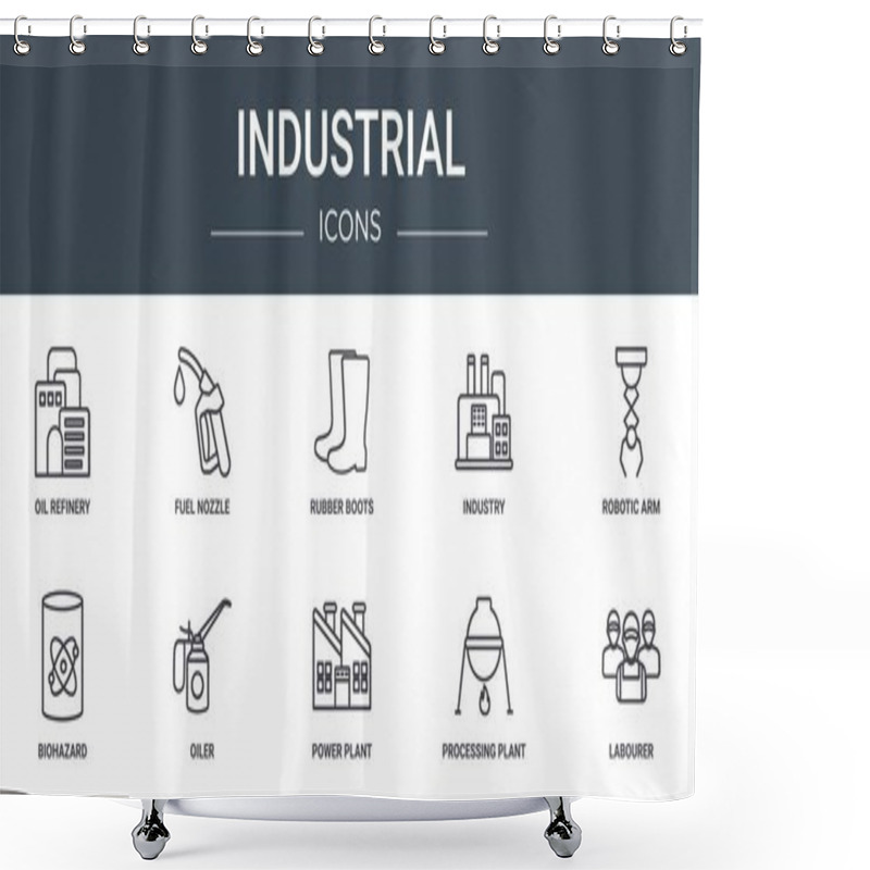 Personality  Set Of 10 Outline Web Industrial Icons Such As Oil Refinery, Fuel Nozzle, Rubber Boots, Industry, Robotic Arm, Biohazard, Oiler Vector Icons For Report, Presentation, Diagram, Web Design, Mobile App Shower Curtains