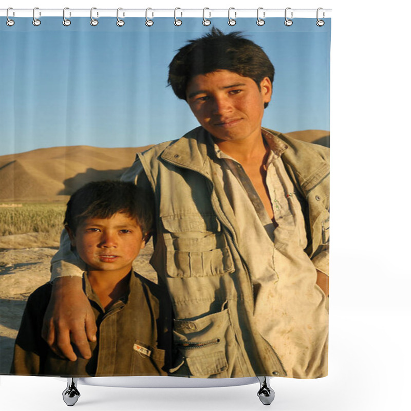 Personality  Dowlat Yar In Ghor Province, Afghanistan. Portrait Of A Young Afghan Man With His Arm Around A Young Boy Taken Outside Near Dowlatyar In Central Afghanistan. Backdrop Of Hills. Shower Curtains