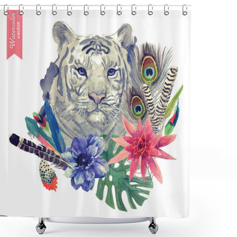 Personality  Vintage Indian Style Tiger Head Illustration With Feathers, Flowers And Leaves. Watercolor Hand Drawn Vector. Shower Curtains