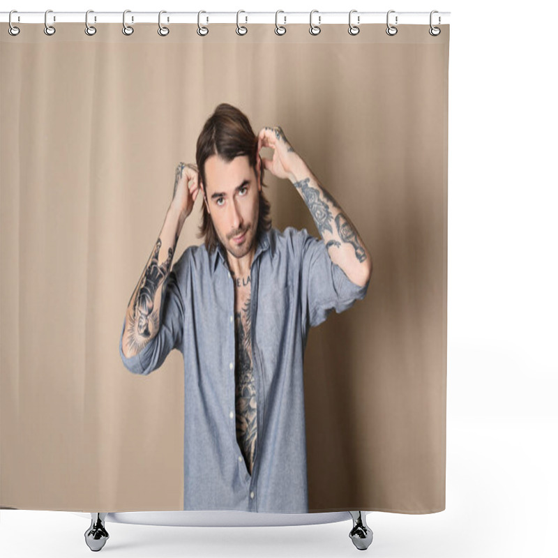 Personality  Young Man With Tattoos On Body Against Beige Background Shower Curtains