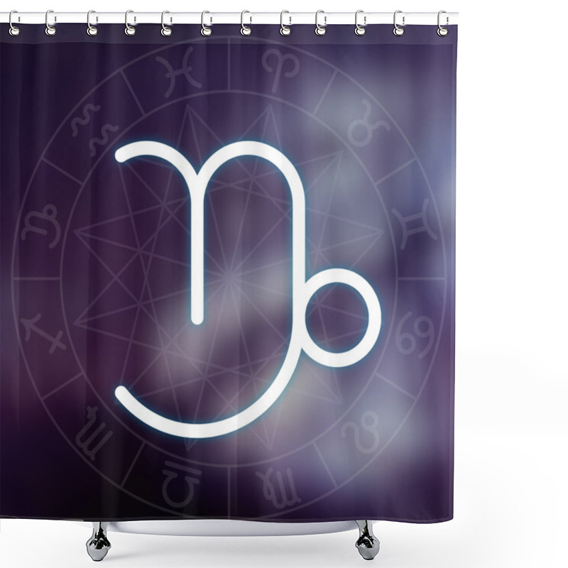 Personality  Zodiac Sign - Capricorn. White Thin Simple Line Astrological Symbol On Blurry Abstract Space Background With Astrology Chart. Shower Curtains