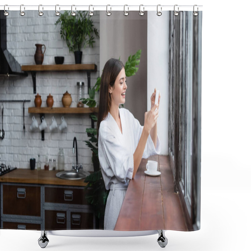 Personality  Smiling Young Adult Woman In Bathrobe Messaging On Cellphone Near Window In Modern Loft  Shower Curtains