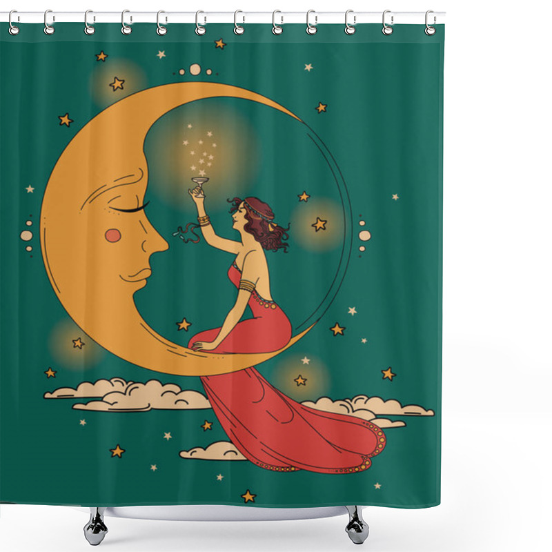 Personality  Beautiful Poster In Art Nouveau Style With Party Woman And Moon In Starry Sky Shower Curtains