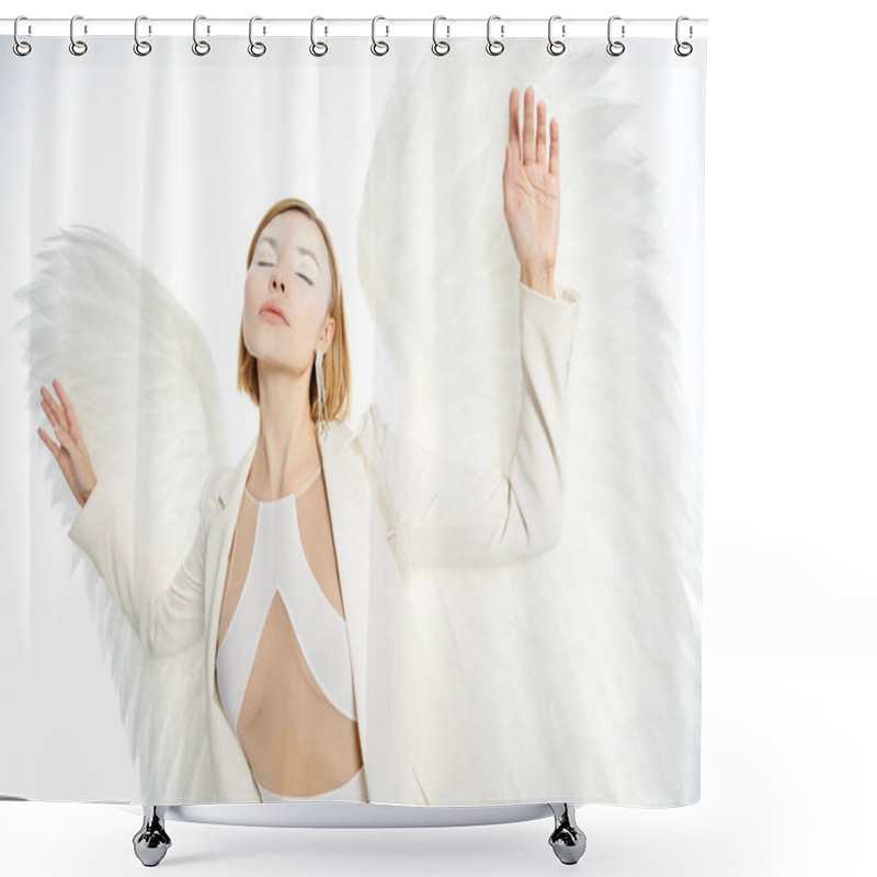 Personality  Heavenly Charm, Woman In Costume Of Winged Angel Posing With Closed Eyes On White Backdrop Shower Curtains