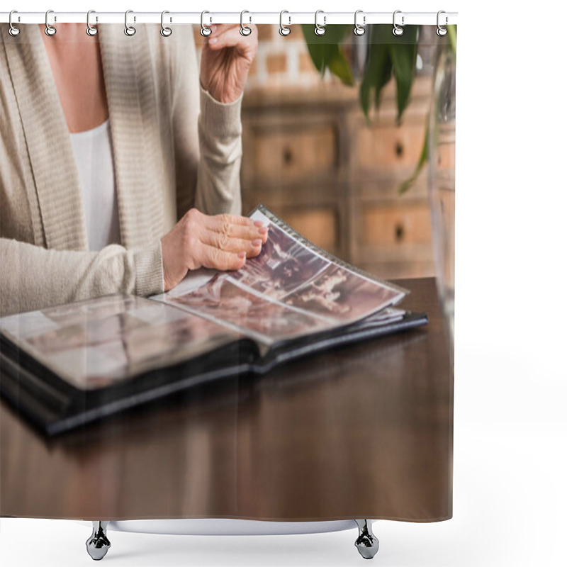 Personality  Senior Woman Looking At Photo Album Shower Curtains