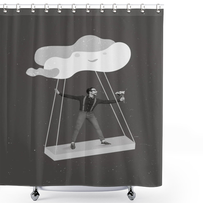 Personality  Creative 3d Photo Collage Artwork Graphics Painting Of Dreamy Funny Guy Flying Cloud Hurrying Date Isolated Drawing Background. Shower Curtains