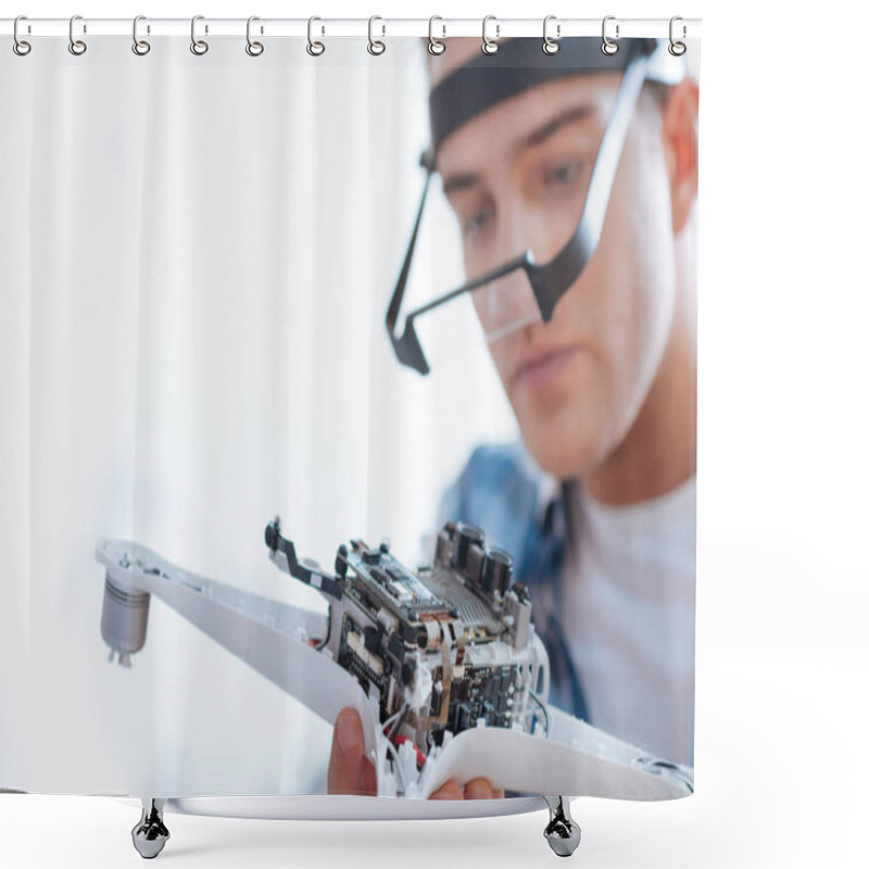 Personality  Young Man Soldering A Drone Detail Shower Curtains