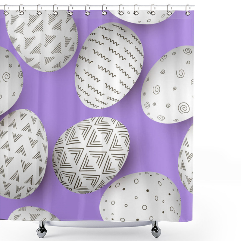 Personality  Easter Eggs Seamless Pattern. Set Of White Decorated Easter Eggs With Simple Abstract Ornaments On Purple Shower Curtains