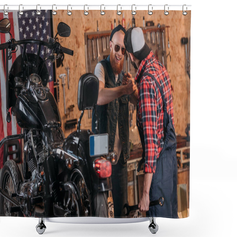 Personality  Repair Worker Greeting Customer At Custom Garage Shower Curtains