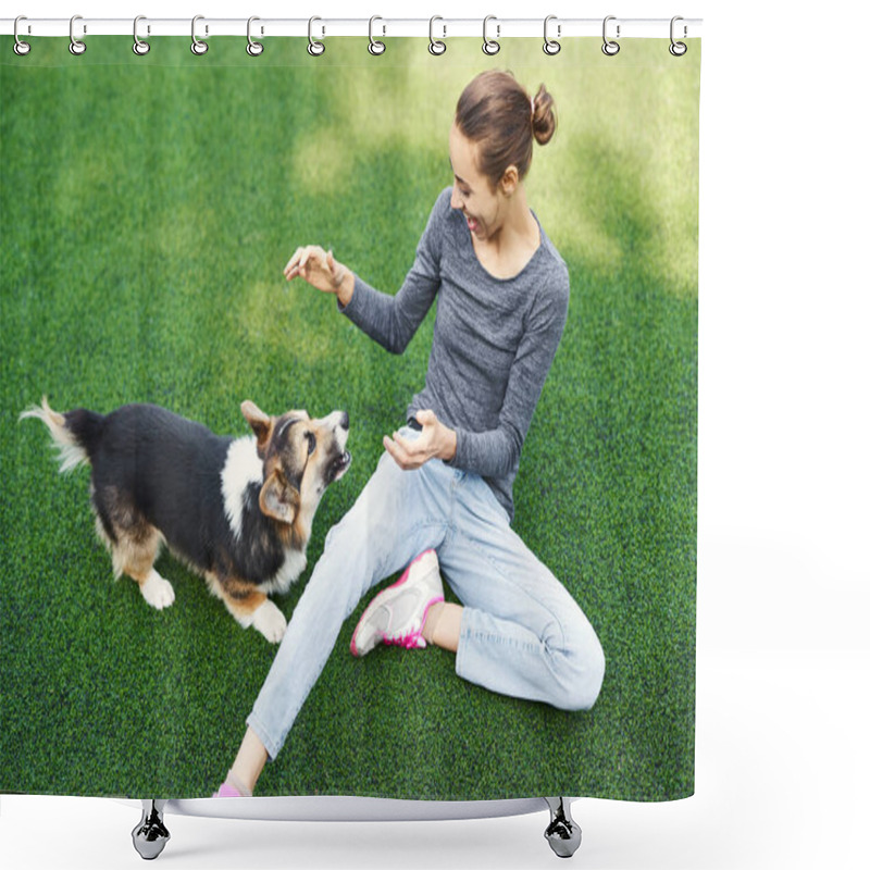 Personality  Funny Welsh Corgi Dog And Smiling Happy Woman Sitting On Grass And Playing Outdoors, Spending Time Together. Concept Friendship With Dog And Human, Dog Walking Shower Curtains