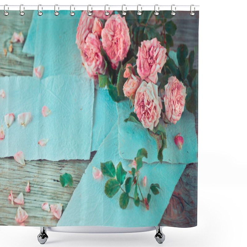 Personality  Pink Roses On Wooden Table Shower Curtains