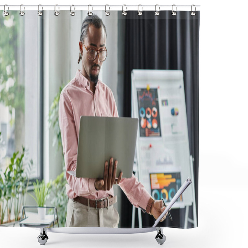 Personality  A Young African American Man Works Hard On His Laptop And Tablet In A Chic Office. Shower Curtains