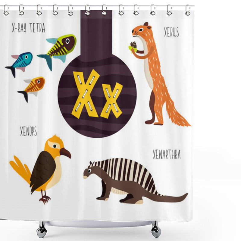 Personality  Fun Animal Letters Of The Alphabet For The Development And Learning Of Preschool Children. Set Of Cute Forest, Domestic And Marine Animals With The Letter X. Vector Shower Curtains