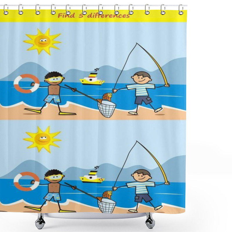 Personality  Fisher And Diver, Find 5 Differences, Board Game For Children, Vector Icon Shower Curtains