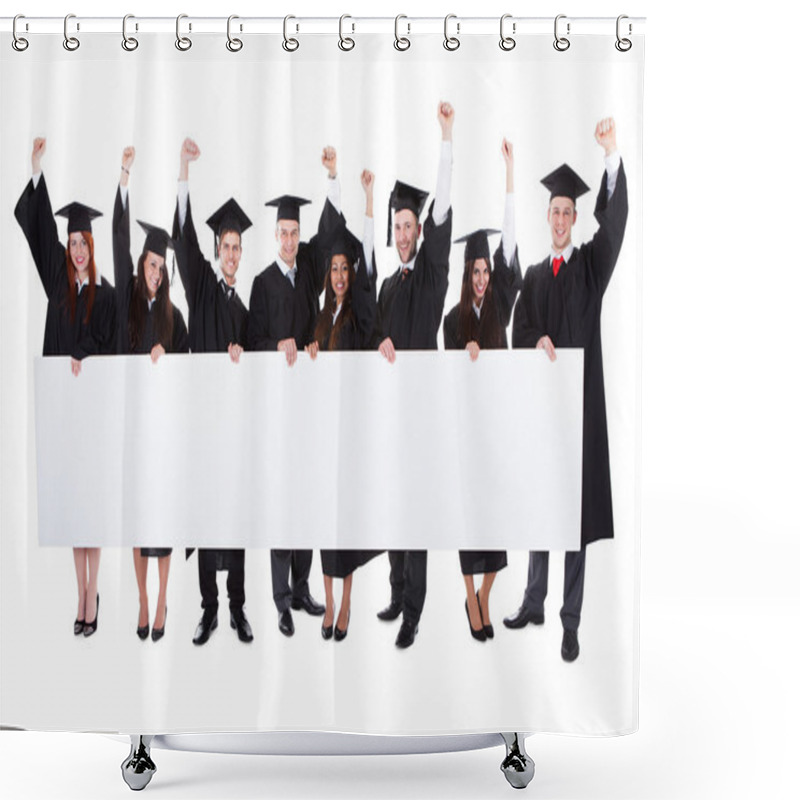 Personality  Cheerful Excited Graduate Students Showing Empty Banner Shower Curtains