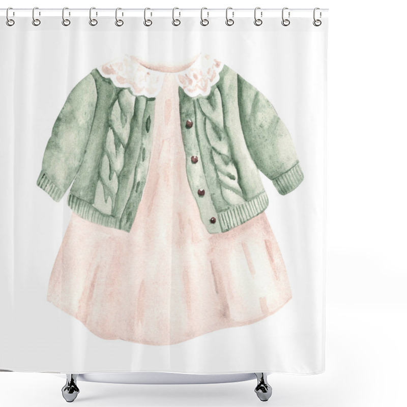 Personality  Baby Girl Dress And Cardigan. Hand Painted Cute Children Winter Clothes Set. Watercolor Illustration In Vintage Style Isolated On A White Background. For Tags, Baby Shower Invitations And Greeting Shower Curtains