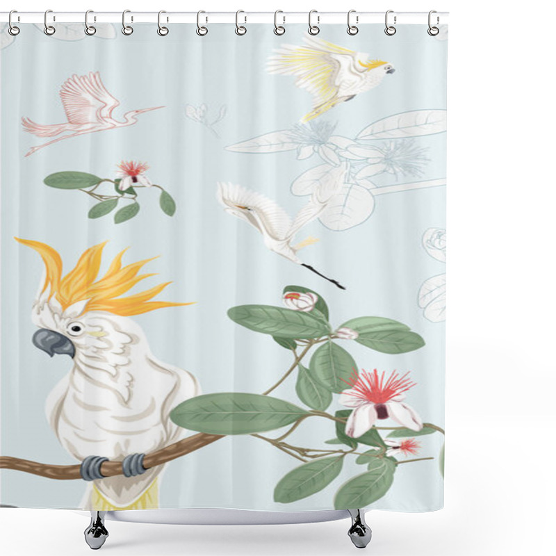 Personality  Pattern, Background With With Feijoa Flowers With Herons And Cockatoo Parrot. Vector Illustration.  On Soft Blue Background. Colored And Outline Design. Shower Curtains