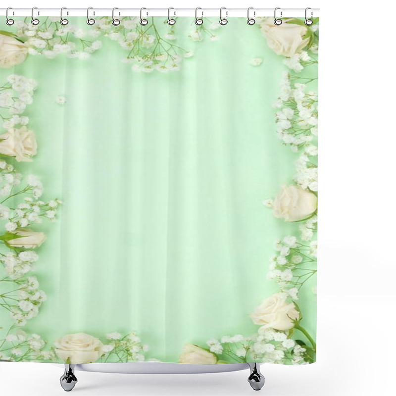 Personality  Beautiful White Flowers Arranged On Green Background Shower Curtains