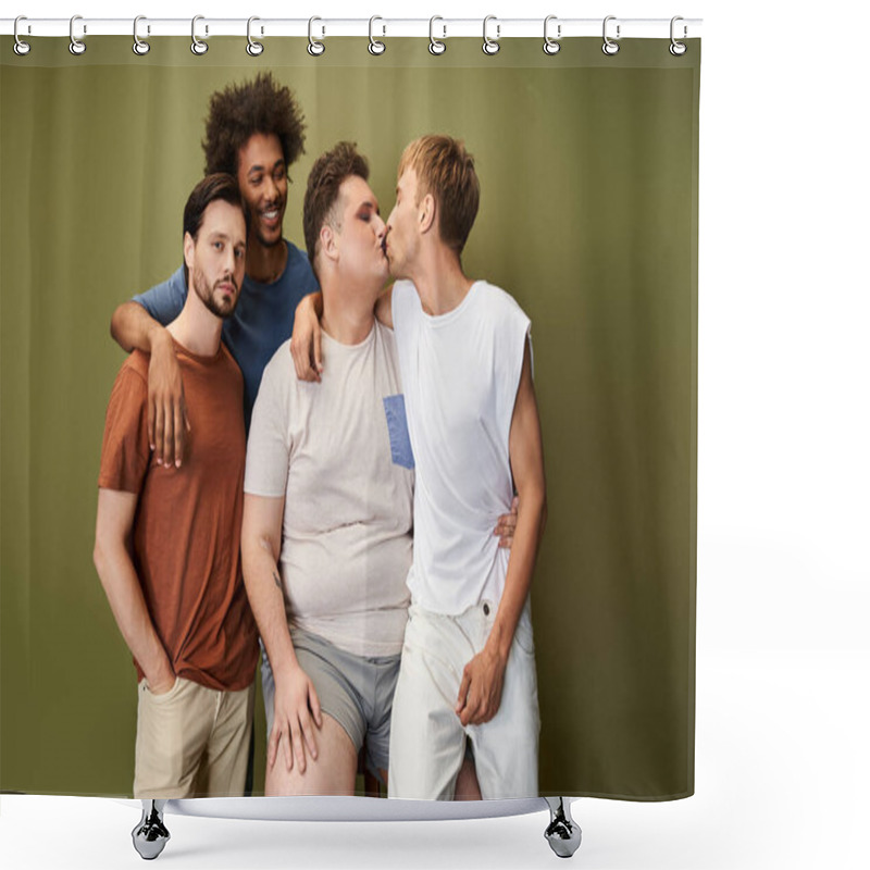 Personality  A Group Of Four Friends Joyfully Embraces Their Bonds And Shared Love In A Colorful Backdrop. Shower Curtains