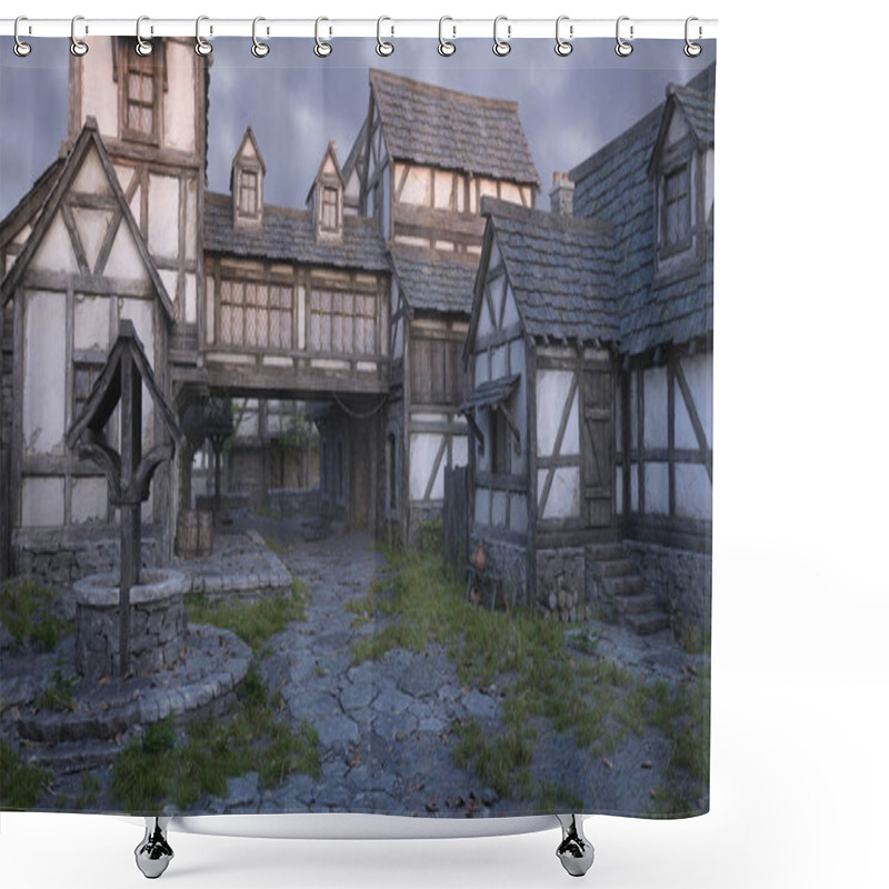 Personality  Cobbled Street In An Old Medieval Village Or Town With Timber Framed Houses And A Well. 3D Rendering. Shower Curtains