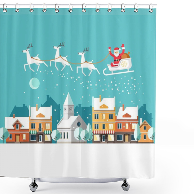 Personality  Santa Claus On Sleigh And His Reindeers. Winter Town. Urban Winter Landscape. Shower Curtains