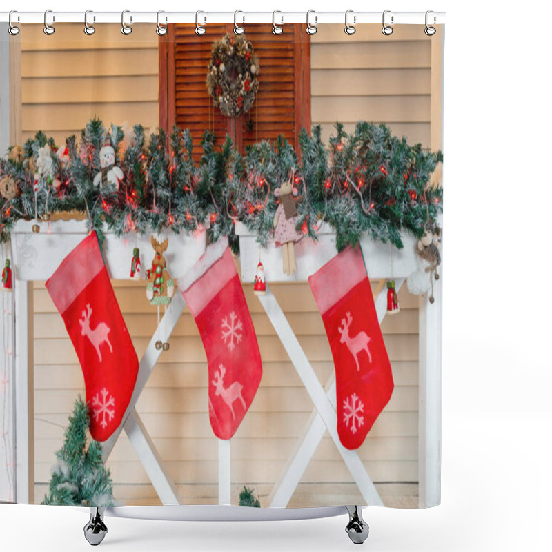 Personality  Christmas Sock And Decoration On Wood. Shower Curtains