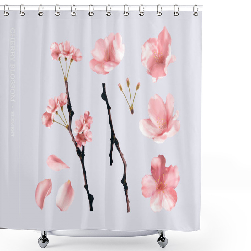 Personality  Illustration Of Cherry Blossom Element Set. Including Sakura Flower Blooming On Branch, Flowers, Petals And Flower Stamen Isolated On Lavender Background Shower Curtains