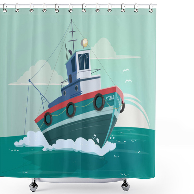 Personality  Funny Cartoon Illustration Of A Fishing Boat Shower Curtains