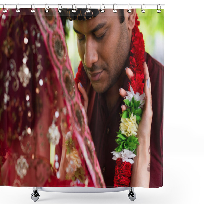 Personality  Indian Bride Wearing Floral Garland On Bridegroom Outside Shower Curtains