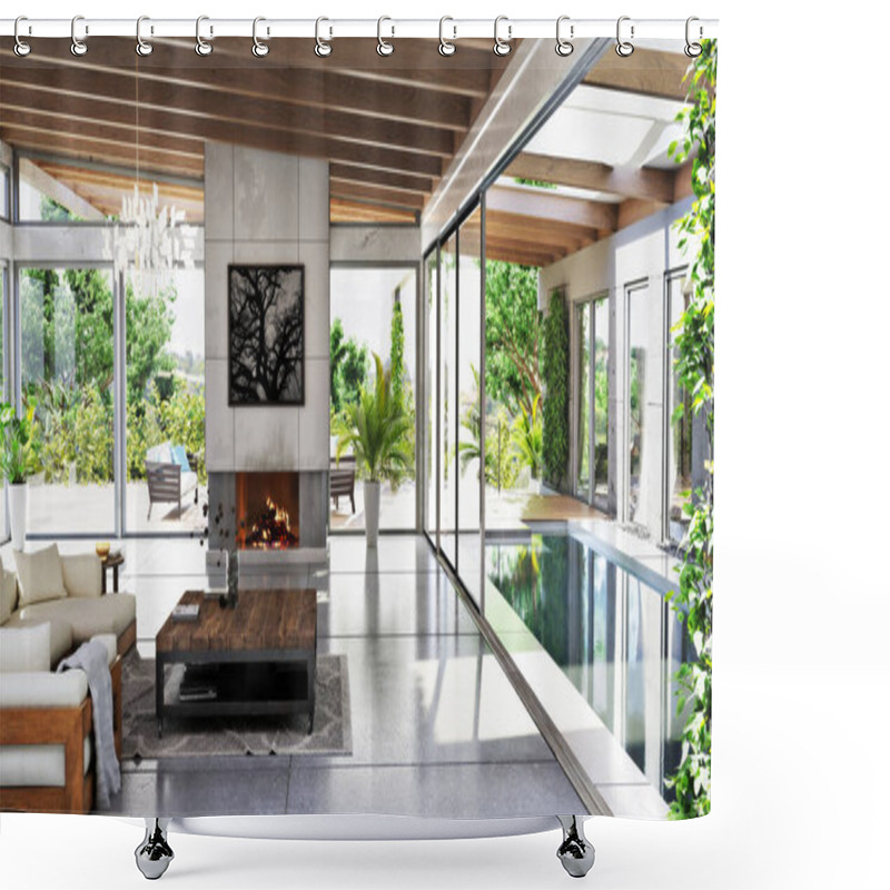 Personality  Modern Architecture Meets Rustic Accents With This Interior, Exterior Common Area With Lap Pool,fireplace And Indoor And Outdoor Furniture. 3d Rendering  Shower Curtains