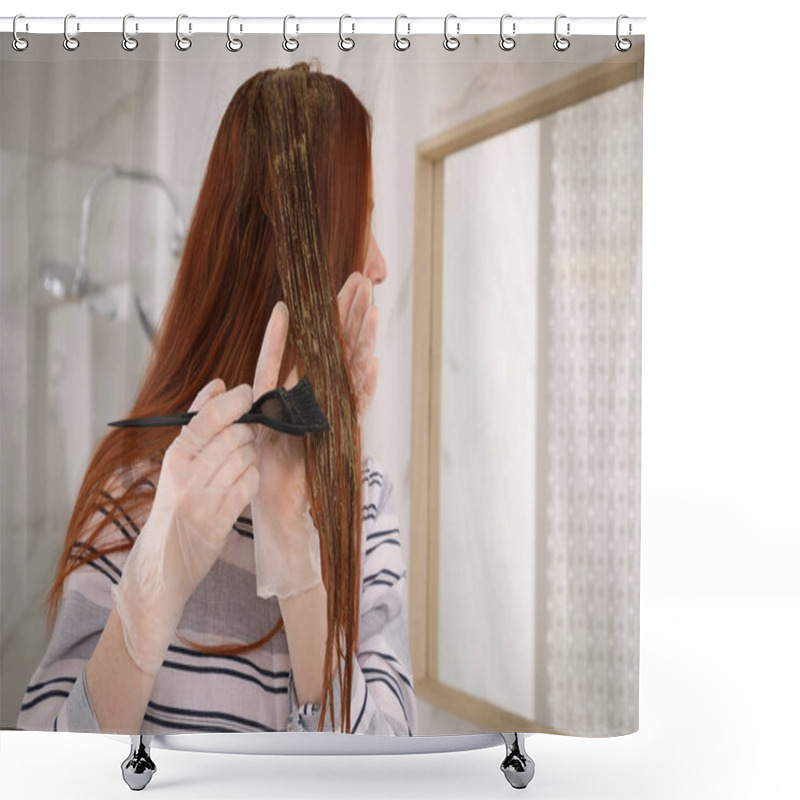 Personality  Young Woman Dyeing Her Hair With Henna Near Mirror Indoors Shower Curtains