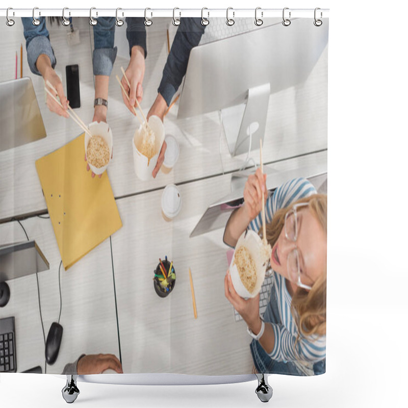 Personality  Top View Of Cropped Hands With Thai Food Over Working Table At Modern Office Shower Curtains