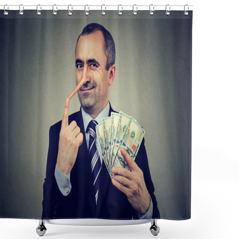 Personality  Financial Fraud Concept. Liar Businessman With Dollar Cash  Shower Curtains