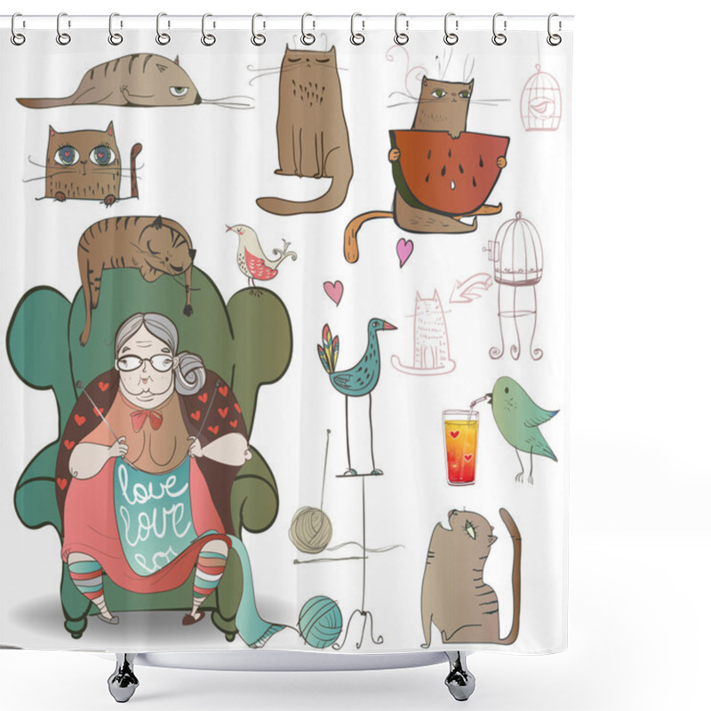 Personality  Granny, Birds And Cats Shower Curtains