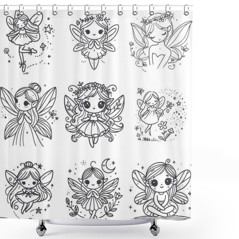 Personality  Whimsical Collection Of Magical Little Fairies In Cute Outline Drawing Style Shower Curtains