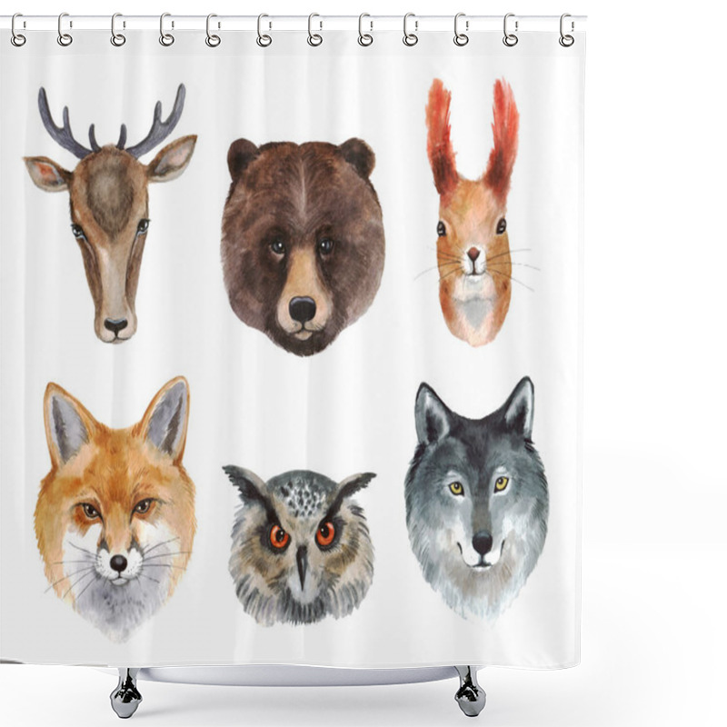 Personality  Watercolor Set Of Forest Animals - Bear, Deer, Squirrel, Fox, Wolf, Owl. Animal Faces On White Background For Your Design Shower Curtains