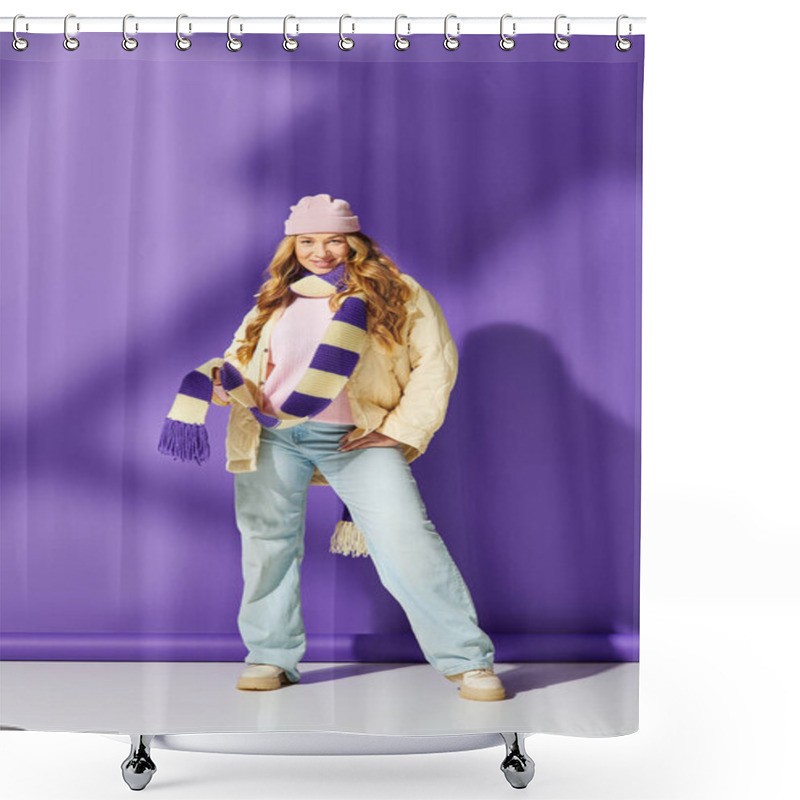 Personality  A Confident Young Woman Flaunts Her Style In A Vibrant Winter Outfit With Fun Accessories. Shower Curtains