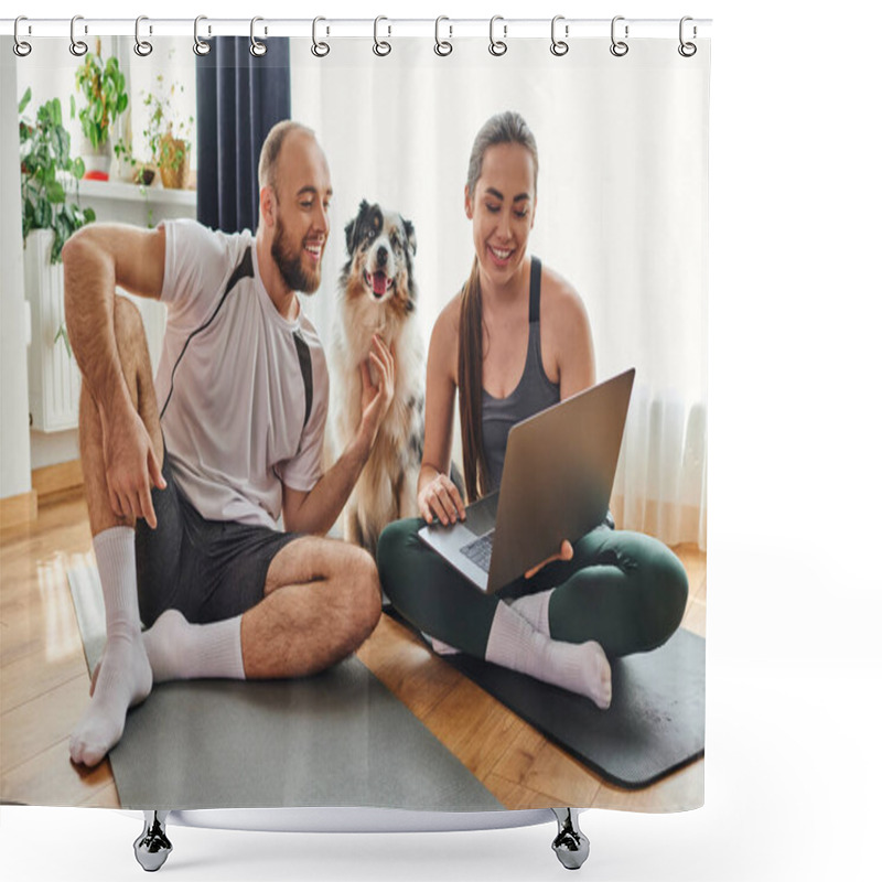 Personality  Smiling Woman Using Laptop And Sitting On Fitness Mat Near Boyfriend And Border Collie At Home Shower Curtains