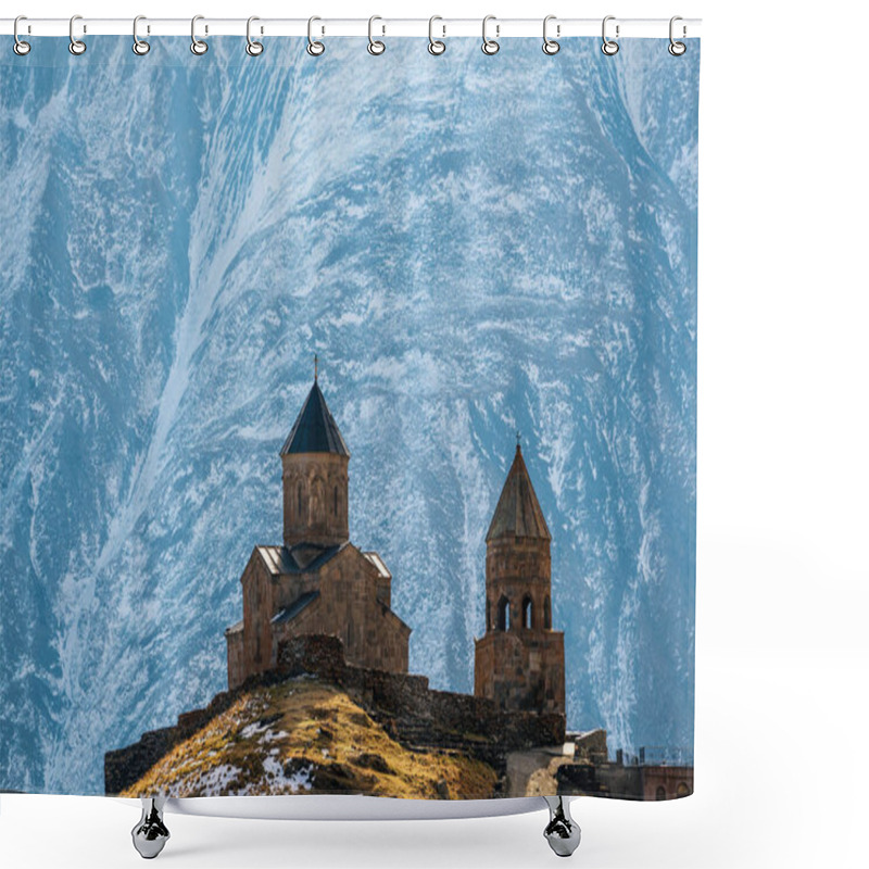 Personality  Caucasus Mountains, Gergeti Trinity Church, Georgia Shower Curtains