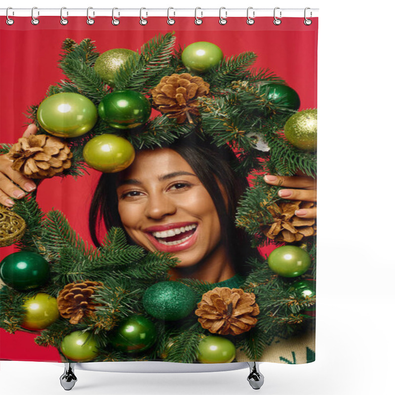 Personality  A Cheerful Young Woman Holds A Decorated Holiday Wreath, Exuding Joy And Seasonal Spirit. Shower Curtains