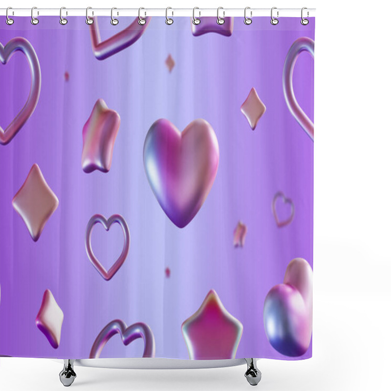 Personality  Seamless Pattern Of Iridescent Hearts And Stars On Gradient Purple Background. Glossy Metallic Effect, Futuristic, Romantic Feel. Suitable For Valentines Day Themes, Fashion Prints, Digital Design Shower Curtains