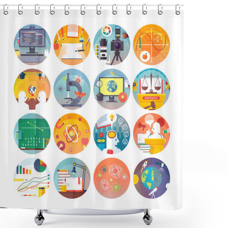 Personality  Education And Science Flat Circle Icons Set.  Subjects And Science Disciplines. Vector Icon Collection. Shower Curtains