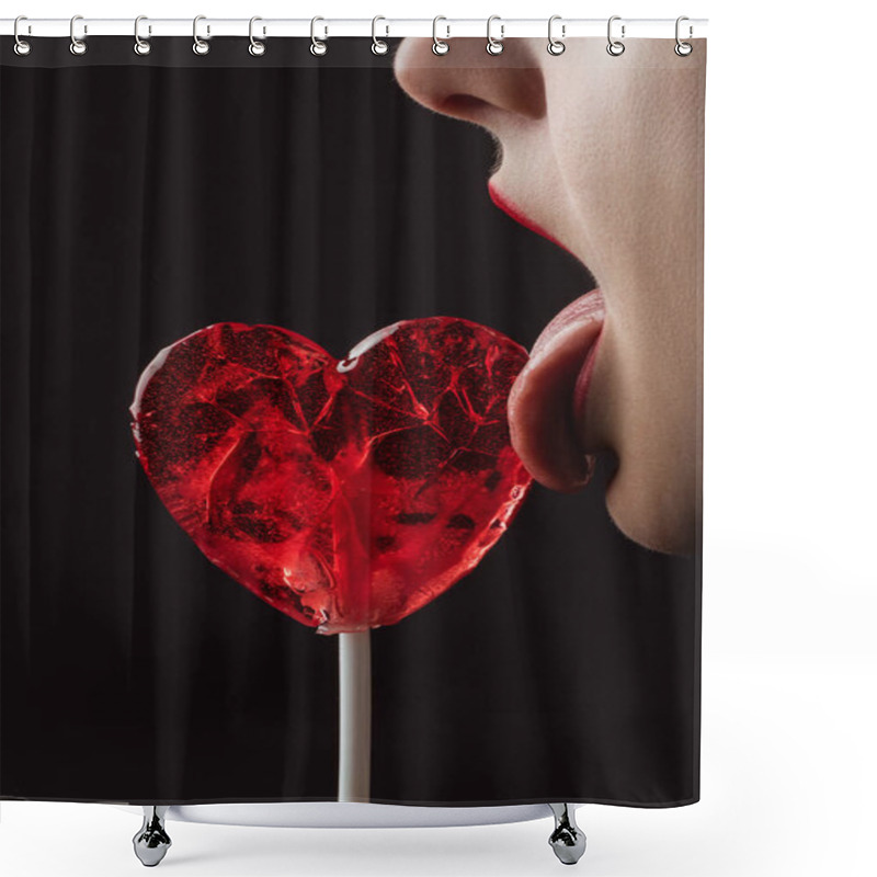 Personality  Cropped Image Of Woman Licking Red Heart Shaped Lollipop Isolated On Black, Valentines Day Concept Shower Curtains