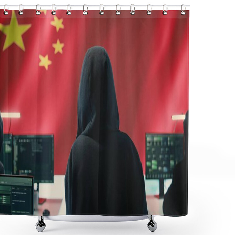 Personality  Terrorist Person In A Chinese Cyber Security Room Hacking National Systems, Reading Fake News And Hybrid Warfare Propaganda. Digital Mercenary Group Spread Misinformation And Falsification. Camera B. Shower Curtains