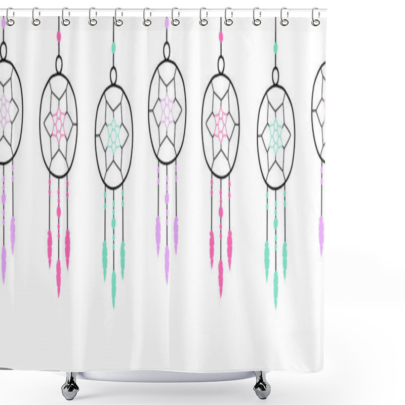 Personality  Seamless Dreamcatchers Border Vector Illustration. Hand Drawn Dream Catchers Repeating Horizontal Header Pattern Shower Curtains